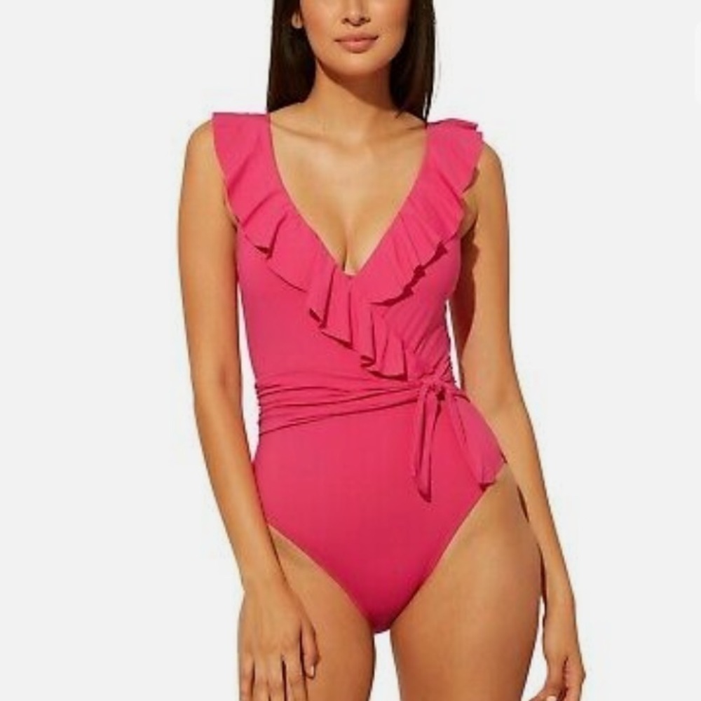 Bleu by Rod Beattie Ruffled Surplice Mio Style Hot Pink One Piece Swimsuit